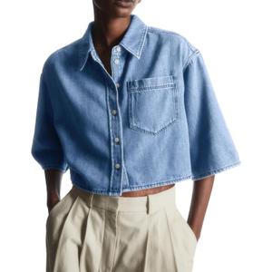 Womens Crop Denim Shirt Half Sleeve Button Down Short Jean Jacket with Pocket (Blue, XL)