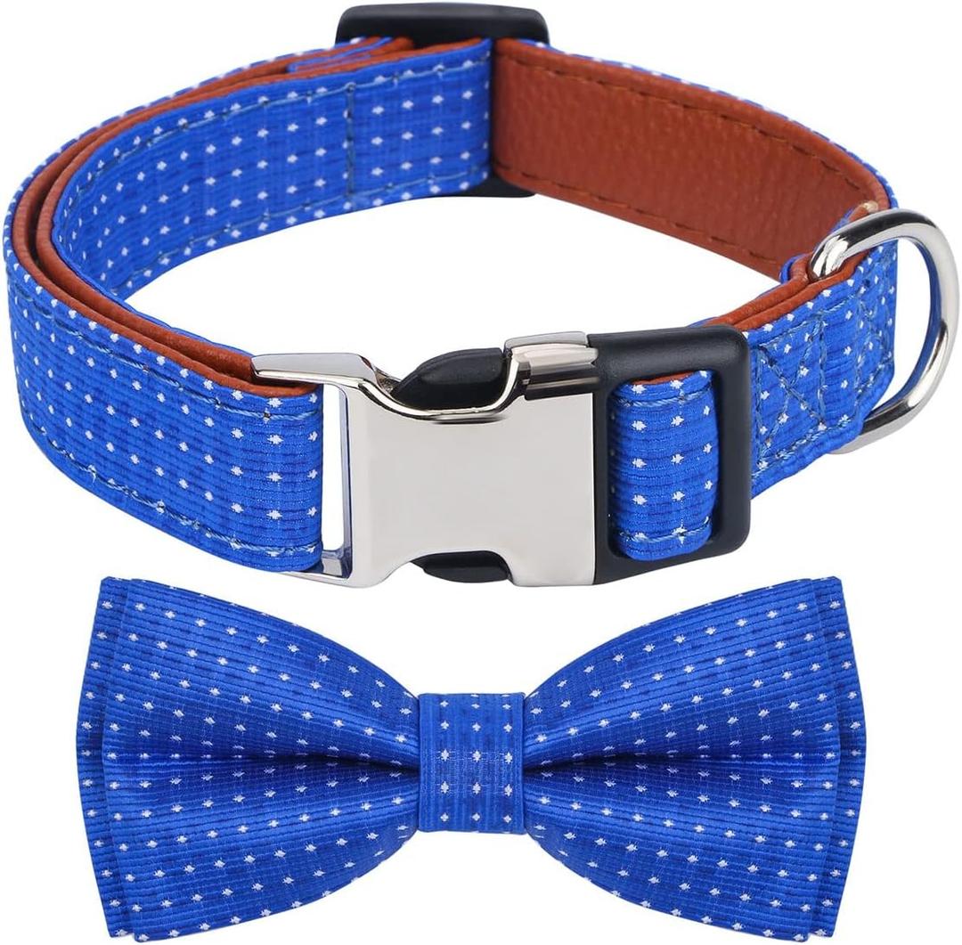 Rhea Rose Dog Collar with Bow Tie for Girl or Boy Gift Soft Durable Bowtie Blue dot Large (L(16"-22.5"))