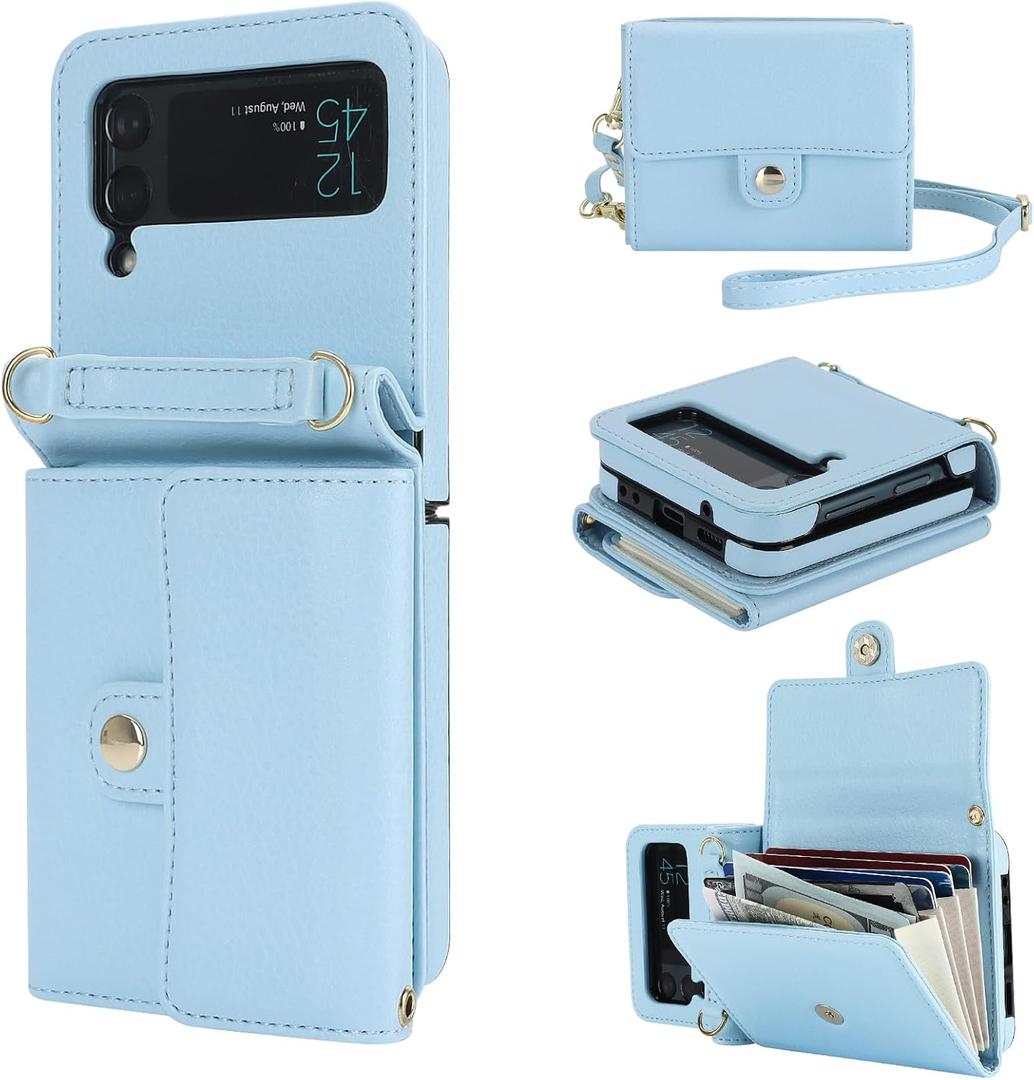 KIHUWEY for Samsung Galaxy Z Flip 4 Wallet Case, Crossbody Purse with Credit Card Slot Holder RFID Blocking PU Leather Adjustable Lanyard Detachable Strap Wrist for Women (Blue)