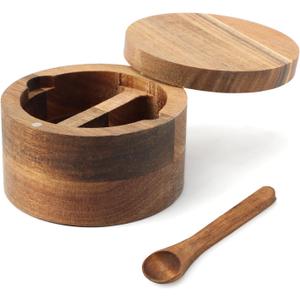 Wood Salt and Pepper Bowl, AcaciaWood Salt Cellar with Built-in Spoon and Magnetic Swivel Lid, Container Holder to Storage Pepper Spice, L