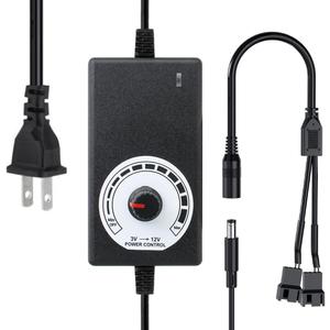 Delinx 12V Power Supply, PC Fan Speed Controller, 100-240vAC to 3-12vDC 24W Adjustable Adapter With Splitter Cable, DC Female to 2 x 3/4 Pin, Multi-Functional