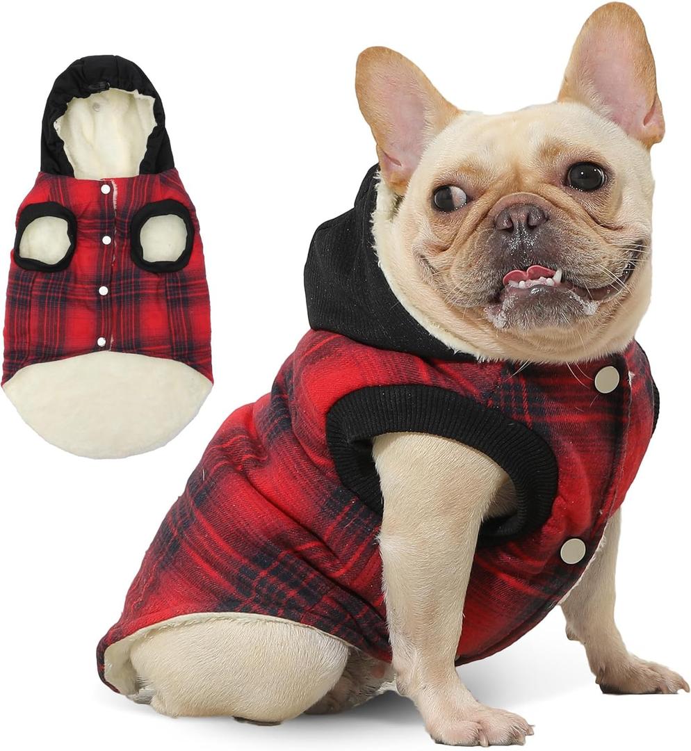 Fleece Lining Dog Hoodie for Medium Dogs Extra Warm Plaid Sweater with Drawstring Hooded Coats in Winter Puppy Jacket,Red L (Pack of 1)