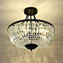 WINGBO 19.5 Inch Crystal Ceiling Light Fixture, 5-Light Raindrop Semi Flush Mount Chandelier, Modern Round Close to Ceiling Hanging Light for Living Room Dining Room Bedroom Hallway, Black