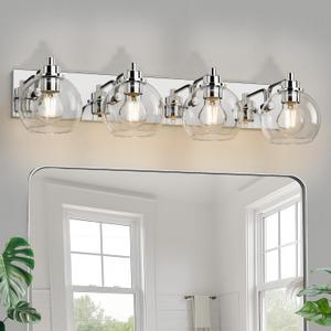 4 Light Bathroom Light Fixtures-Chrome Bathroom Vanity Lights, Modern Vanity Lights 4-Light Bathroom Lighting Fixtures Over Mirror with Clear Glass Globe Shade