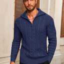 Yousify Mens Quarter-Zip Pullover Sweater Casual Mock Neck Cable Knitted Winter Warm Chunky Polo Sweaters (Blue, M)