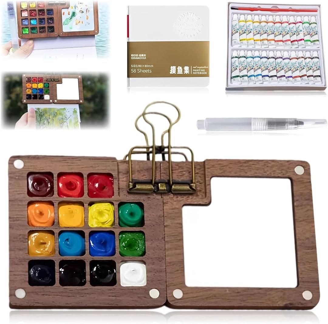 Mini Paint Palette Travel Kit - Mini Travel Watercolor Palette Set, Pocket Artist Water Color Travel Set, Pocketartist Drawing Board Paint Palette Travel Kit with Brush (Walnut-15 Grids)
