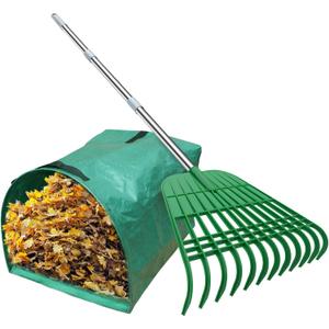 Gardzen 12 Tines Gardening Leaf Rake, Lightweight Steel Handle, Detachable, Ideal Camp Rake, Comes with Dustpan-Type Garden Bag