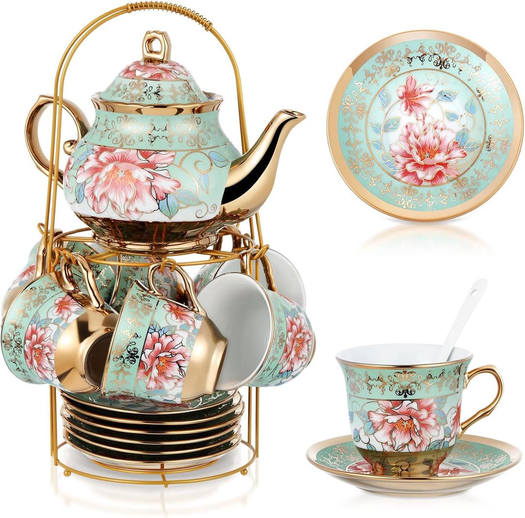 Zhehao 20 Pcs Porcelain Tea Set with Metal Holder and Spoon Adult Ceramic Tea Set European Flower Painting Teapot Cup Saucer Spoon for Women, Large Version(Fresh Style)
