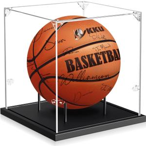 KKU Basketball Display Case, Acrylic Clear Full Size Basketball Case with Solid Wood Base,UV Protected Soccer Basketball Display Stand for Autographed Standard Memorabilia Keepsake, Black