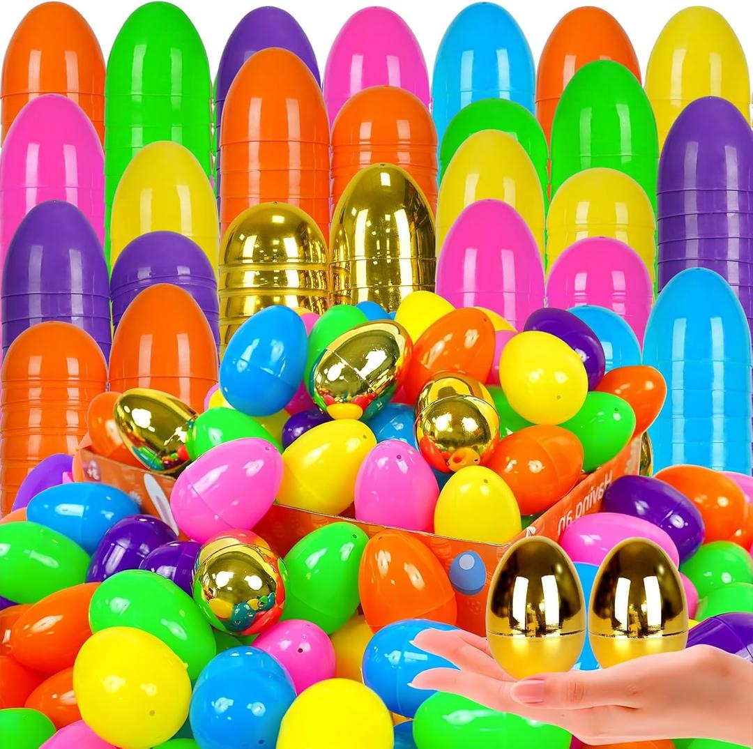 500 PCS Easter EggsPlastic 2.4" Bright Colorful Eggs with Golden Eggs, Easter Egg Fillers for Easter Egg Hunt Candy Filling Party Decorations and Kids Gifts
