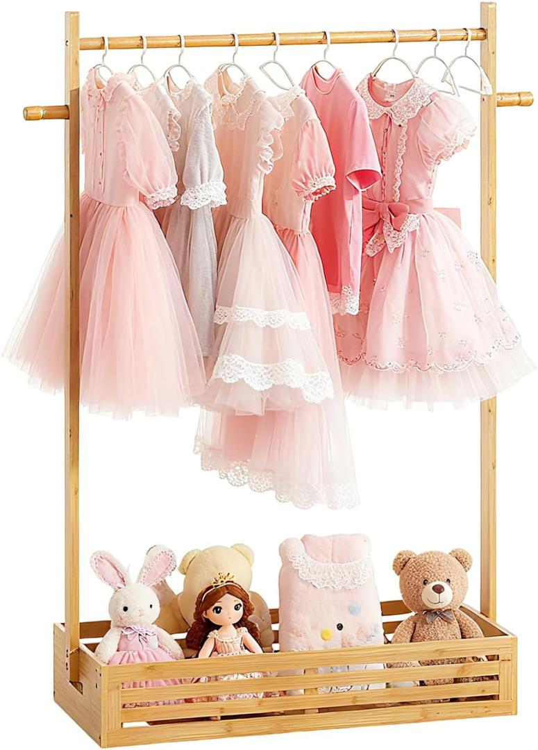 BAMBOOHOMIE Kids Clothing Rack for Toddler, Pets Clothes Rack with Storage Box & Hanging Rod for Dogs/Cats, Baby Clothes Closet Stand for Nursery Room (Natural, Kids)