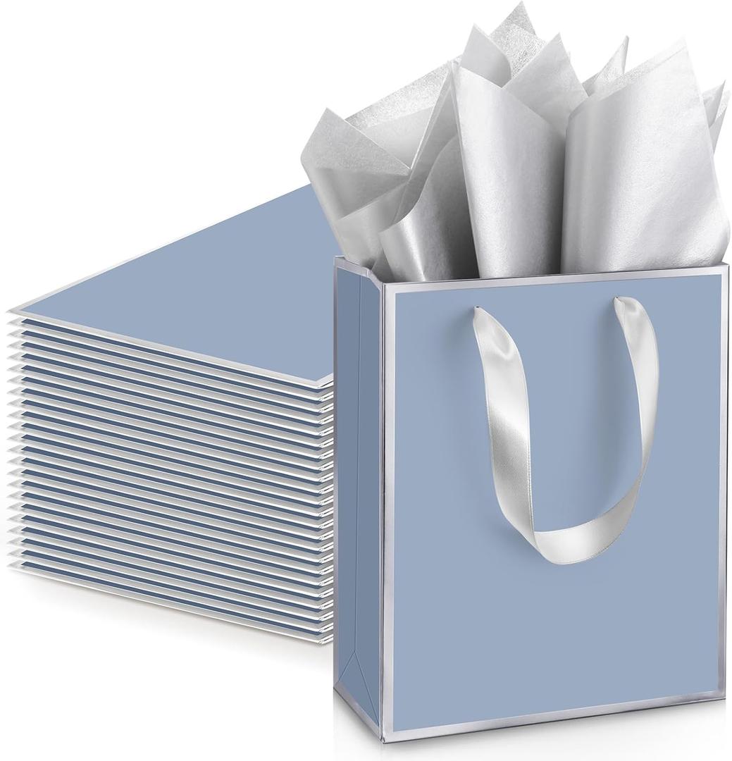 Yeaqee 24 Pack Metallic Paper Gift Bags with Handle and Tissue 9x7x3.1 Gold Foil Welcome Thank You Favor Bags Return Gifts for Wedding Mothers Graduation Bridesmaid Birthday(Dusty Blue, Silver)