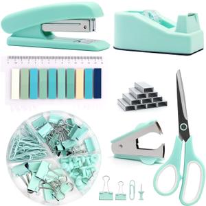 Green Office Supplies, UPIHO Teal Desk Accessories, Stapler and Tape Dispenser Set for Women with Stapler, Tape Dispenser, Staple Remover, Staples, Clips, Scissor and Tabs for Students, Office Clerks