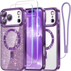 Meifigno Designed for iPhone 17 Pro Case 6.3", [Glitter Card & Wrist Strap] [Compatible with MagSafe] [2X HD Screen Protectors] Surround Raised Lens Protection for 17 Pro Phone Case for Women, Purple