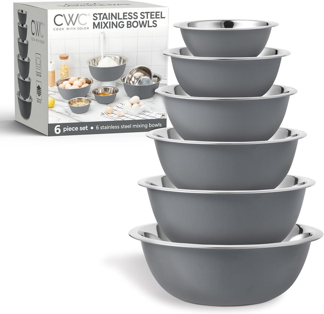 COOK WITH COLOR Stainless Steel Mixing Bowls Set - Nesting Bowls, 6 Pieces, Grey (Gray)