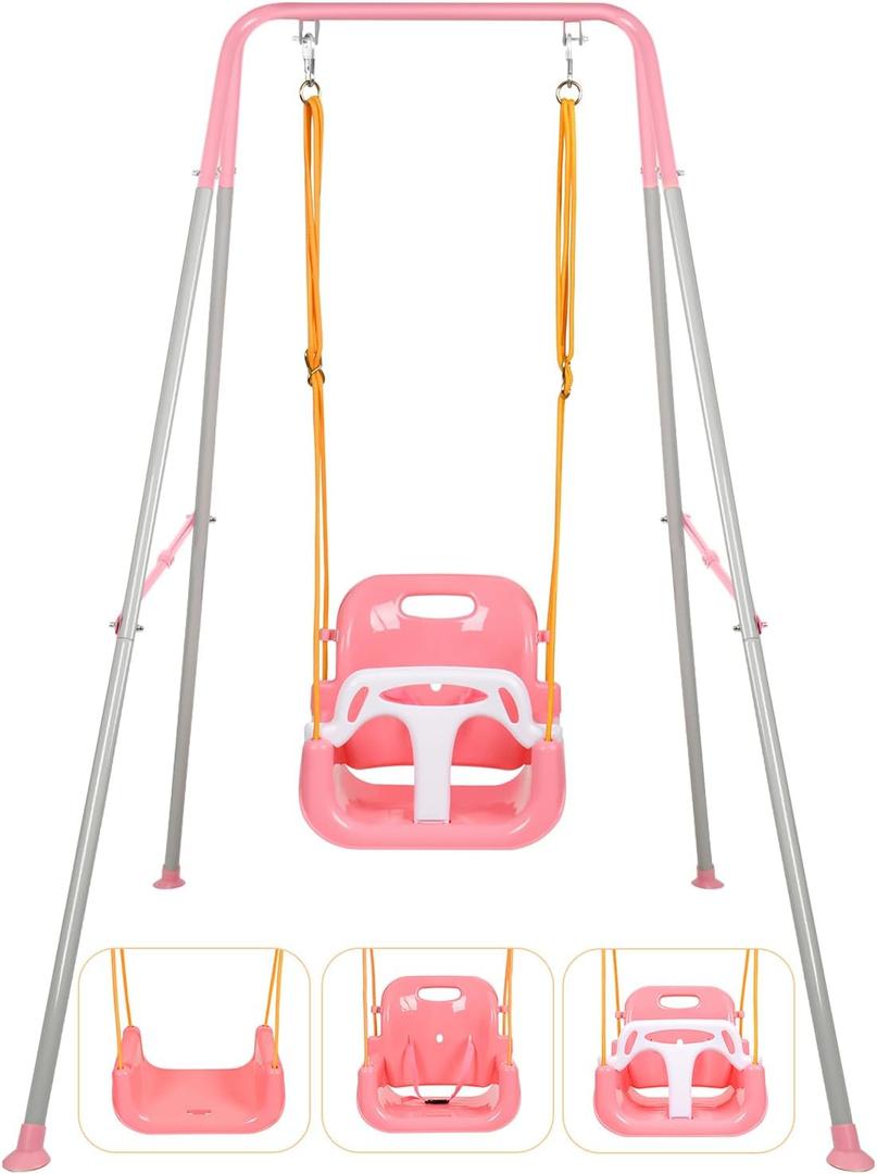 3-in-1 Toddler Swing Set, Indoor & Outdoor Baby Swing Heavy Duty Swing Set with Foldable Metal Stand for Aged 6 Months to 10 Years Old, Easy to Assemble and Store (Pink)