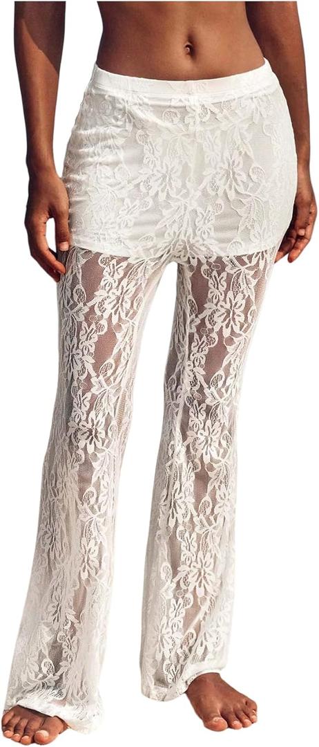 RoseSeek Women's Floral Lace Sheer Mesh Flare Pants Elastic High Waisted Long Trousers White Small