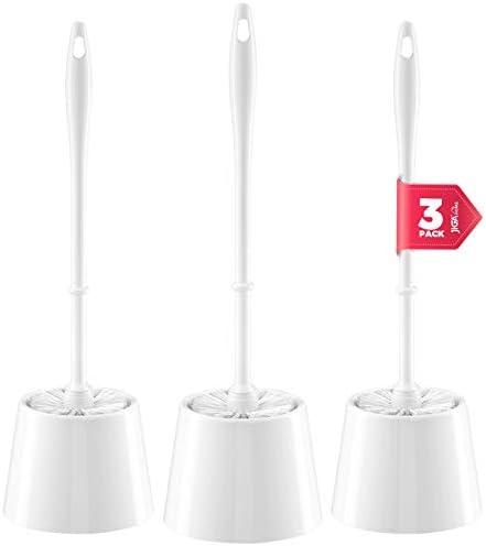 JIGA 3 Pack Toilet Brush and Holder Set, Toilet Bowl Brush with Caddy Bathroom Stiff Bristles Toilet Scrub Brush, White