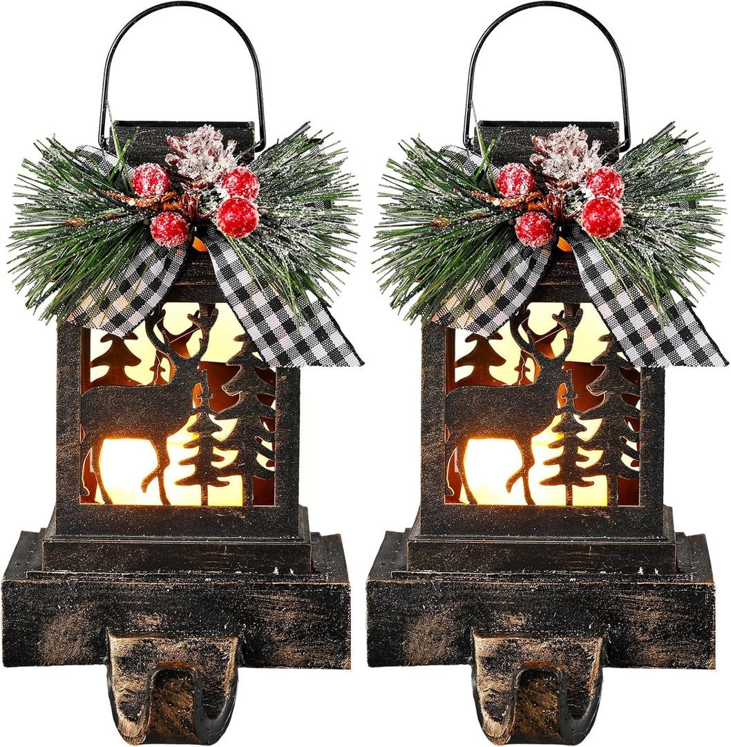 Therwen 2 Pcs Christmas Stocking Holders Lantern Christmas Stocking Hangers for Mantel Xmas Hooks Decorative Retro Light up Holders for Home Indoor Outdoor Decor(Elk,Bronze)
