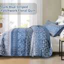 WONGS BEDDING Boho Quilt Set King, Blue Bohemian Striped Patchwork Bedspread Coverlet Set with 2 Pillowcases,Lightweight Microfiber Floral Bedding Set 104"90"