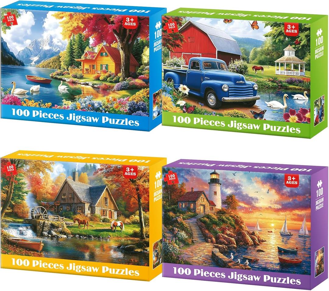 100 Piece Puzzles - 4 Themed Landscapes Large Piece Puzzles for Senior Adults Kids Puzzle Ages 5-8 Jigsaw Puzzle for Kids Ages 4-6 6-8 8-10 Year Old Educational Toys for Girls Boys 4-Pack
