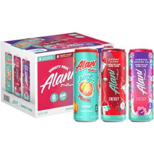Alani Nu VARIETY PACK CHERRY SLUSH, JUICY PEACH, HAWAIIAN SHAVED ICE Sugar Free, Low Calorie Energy Drinks, 200mg Caffeine, Biotin B Vitamins, Zero Sugar, 10 Calories, 12 Fl Oz Cans, 12 Pack (EXP 10/07/27)