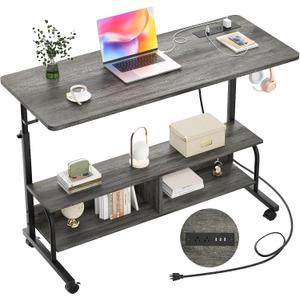 Armocity Rolling Standing Desk with Power Outlets, 47" Manual Height Adjustable Mobile Computer Desk with Wheels, Portable Sit Stand Laptop Couch Table for Bed & Sofa Home Office, Grey Oak