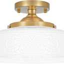 Gold Semi Flush Mount Ceiling Light with Hand-Carved Design - 12 Inch Vintage White Glass Shade with Etched Patterns, Easy Install 3-Light Fixture for Hallway, Kitchen, Bedroom