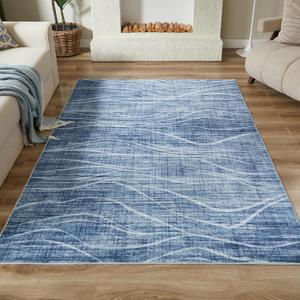 WITSHOCK 5x8 Area Rug Blue Rug for Living Room, Washable Rugs for Bedroom Dining Room Kitchen Nursery, Modern Wave Striped Rugs, Non Slip Stain Resistant Lightweight Carpet Home Decor, Blue