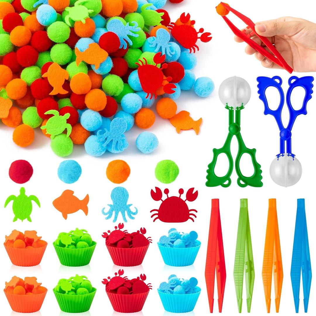 EZdhuawuse Summer Sea Animal Sensory Bin Fillers - 295Pcs Ocean Animal Fine Motor Toys Color Counting Sorting Set for Kids, Felt Octopus Crab Turtle Pom Poms Cup Clip for Preschool Education Training