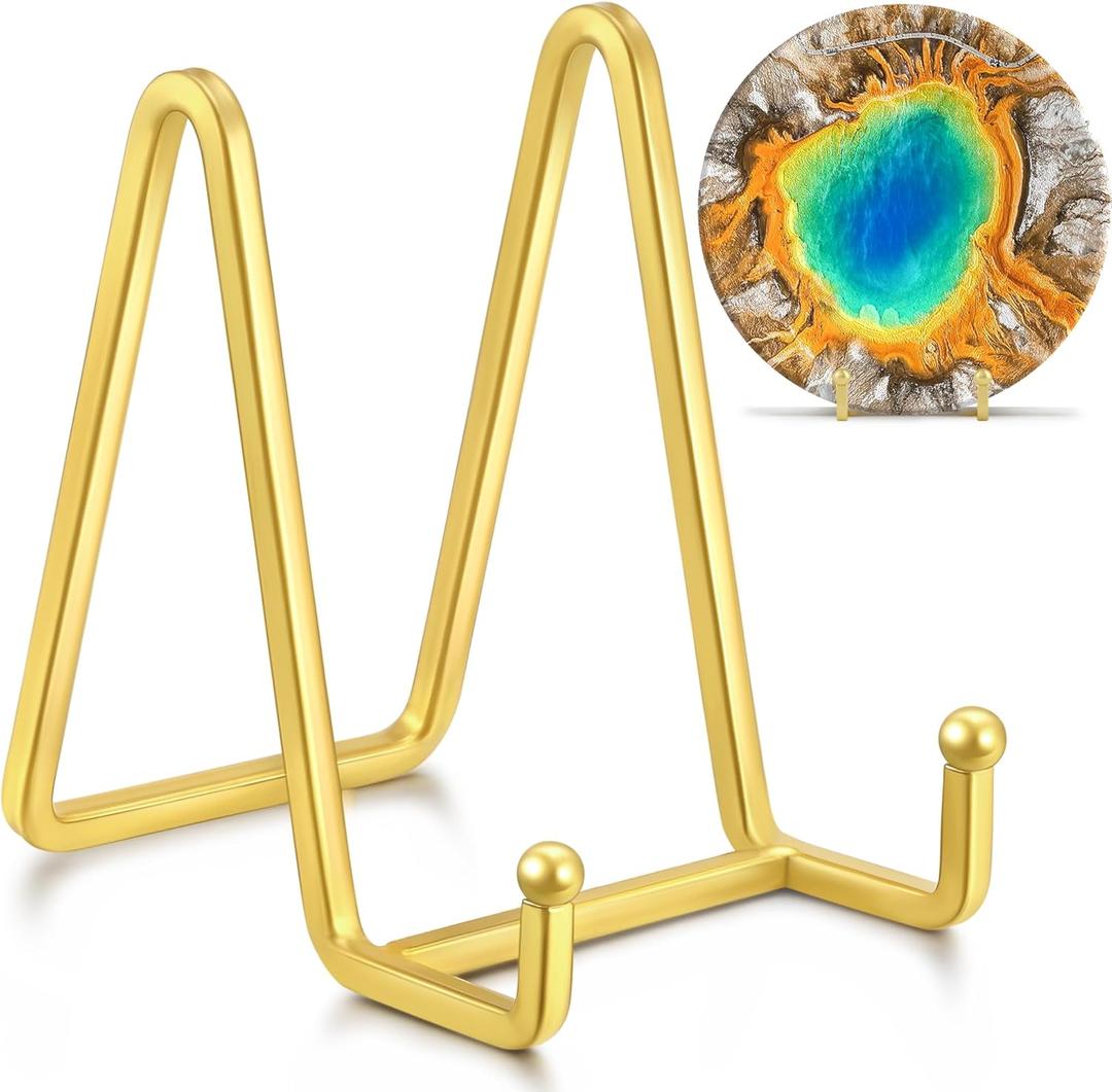 IPAME Metal Square Wire Plate Stands for Display - 4.5 Inch Holder + Picture Frame Stand Easel for Book, Decorative Plate, Plaque, Photo, Platter (Gold 2 Pack)