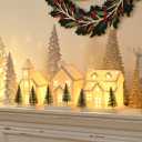 Ceramic White Christmas Village Houses, 3Pcs Light Up Small Porcelain Village House with 6Pcs Christmas Trees, LED Lighted Tabletop House Figurines for Home Decor, Winter Holiday DIY, Gift