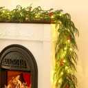 9FT Christmas Garland with Lights, Battery Operated Garland with Red Berries and Eucalyptus Leaves, Real Touch Artificial Prelit Garland for Mantle, Fireplace, Table, Stairs & Christmas Decorations