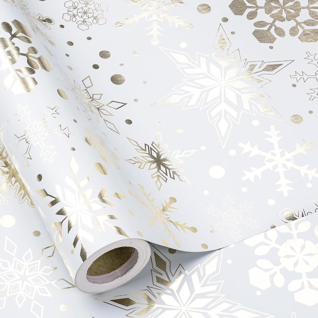 RUSPEPA Gold Foil Snowflake Christmas Wrapping Paper Roll, Mini Roll, Elegant Gold and White Snowflake Design Gift Wrap Paper, Perfect for Holiday Gifts, Christmas Party, 17 Inches x 32.8 Feet