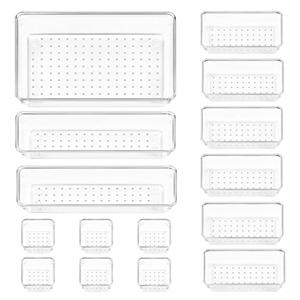 Vtopmart 15 PCS Clear Plastic Drawer Organizers Set, 4-Size Versatile Bathroom and Vanity Organizer Trays, Non-Slip Storage Containers for Makeup, Jewelries, Bedroom，Kitchen Utensils and Office