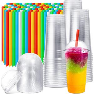 Lallisa 100 Sets Clear Plastic Cups with Dome Lids and Colorful Straws, Disposable Slushie Smoothie Cups PET Beverage for Party Iced Coffee Cold Drinks Juice Milkshake Fruit Tea Dessert(32 oz)