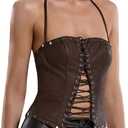 RoseSeek Women's PU Leather Lace Up Halter Top Y2K Sleeveless Backless Party Club Going Out Tops (X-Large, Brown)