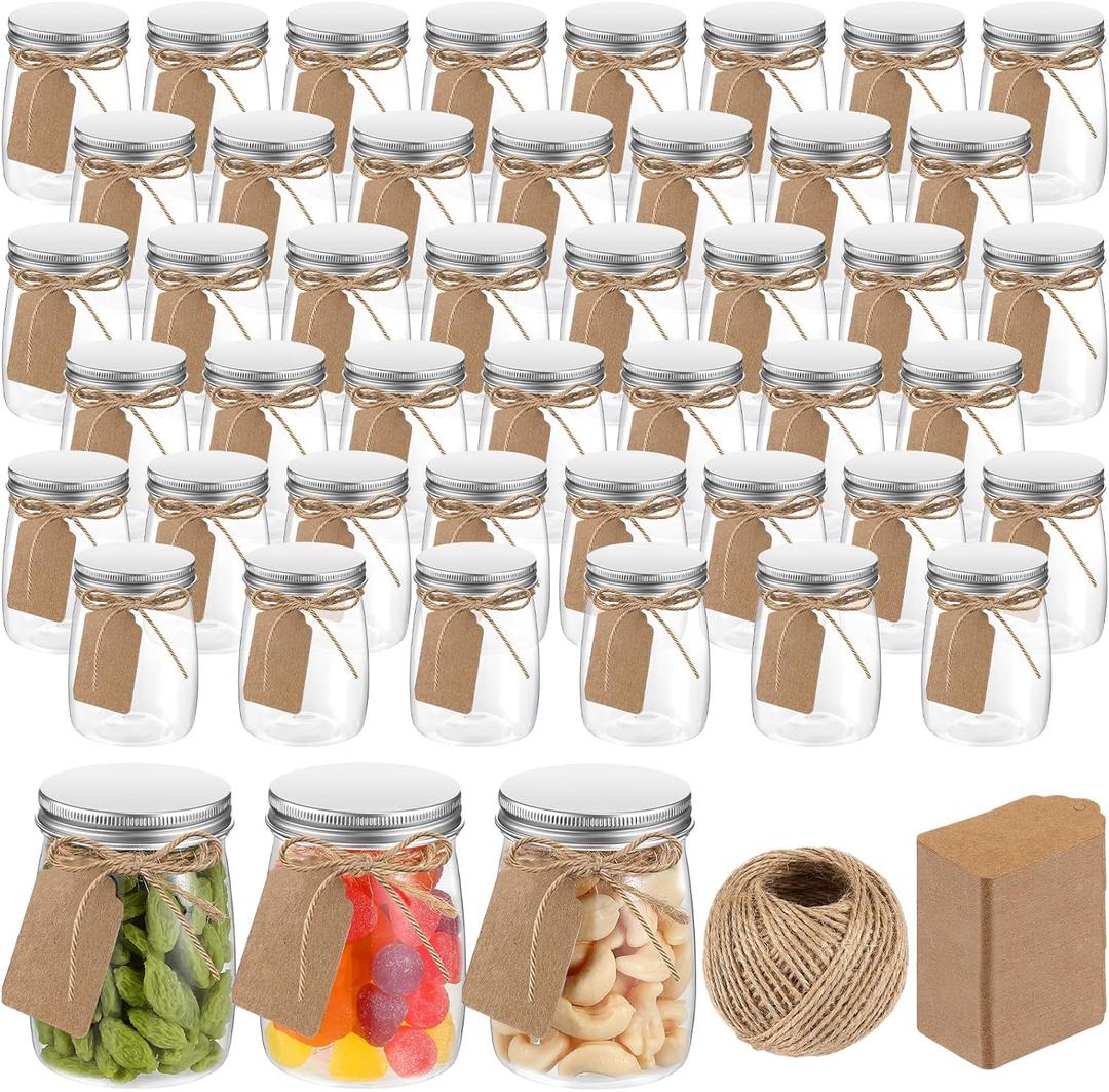Nitial 50 Pack 5 oz Plastic Jars with Lids Bulk Yogurt Containers with Lids Gift Jars with DIY Craft Twine and Labels Gifts for Birthday Wedding Halloween Christmas Party Favor(Silver,Aluminum Lid)