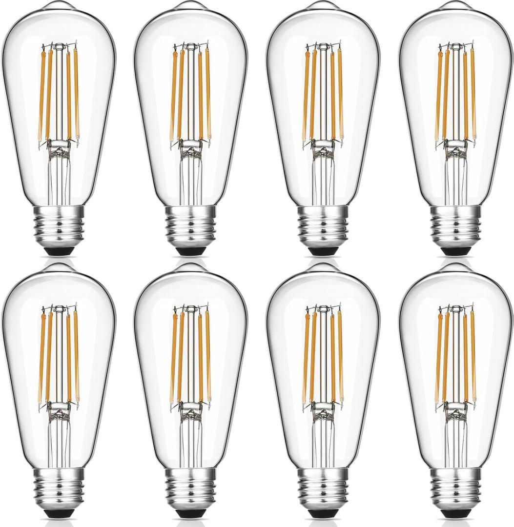 Vintage LED Edison Bulbs, 6W, Equivalent 60W, Dimmable, Warm White 2700K, ST58 Antique LED Filament Bulbs with 90+ CRI, E26 Medium Base, Clear Glass, 8 Count (Pack of 1) (8 Count (Pack of 1), Warm White)