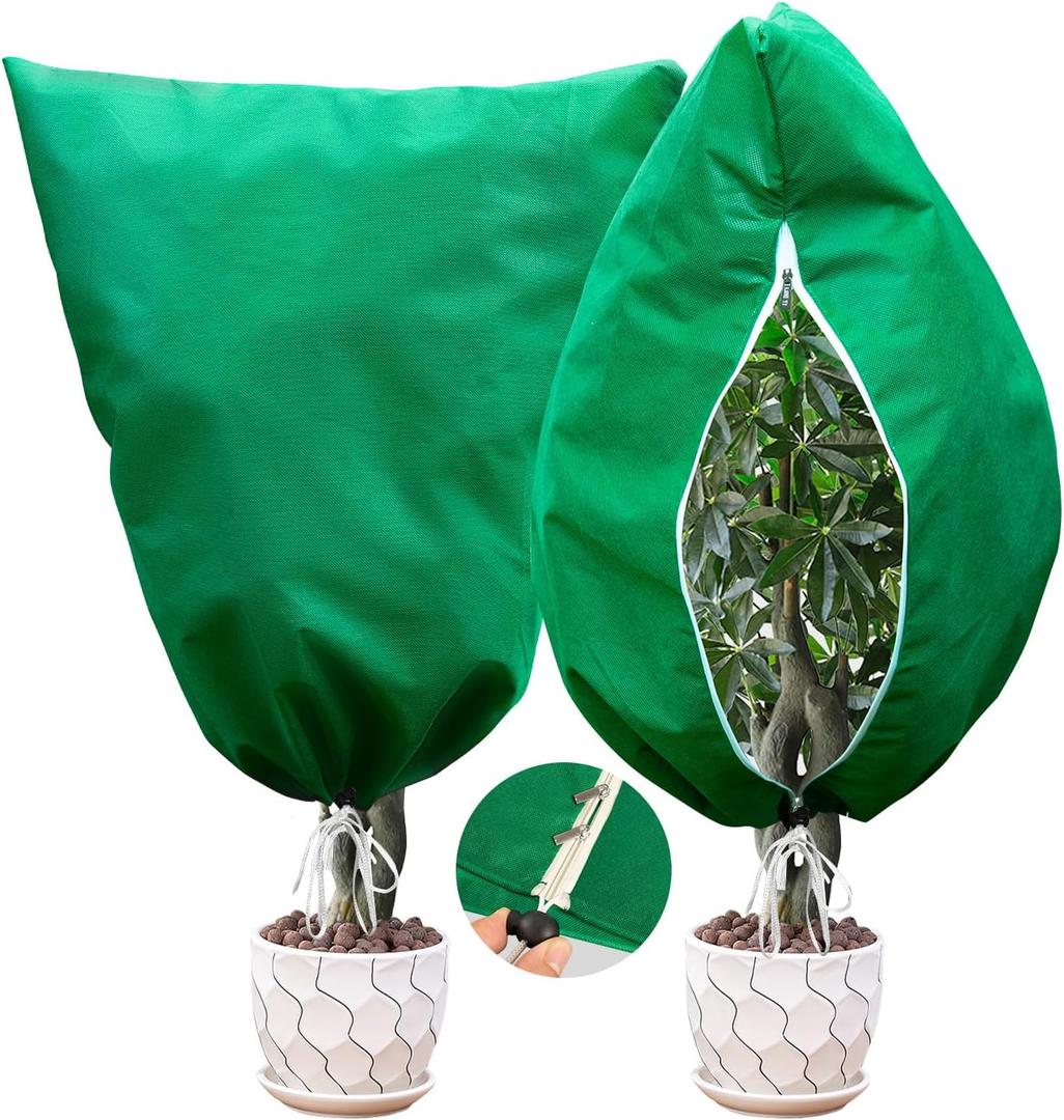 2 Packs Plant Covers for Winter Freeze Protection, 31.5" W X 47.3" H Frost Protection Covers for Outdoor Plants, 2.2 oz/yd Tree Covers with Double Zipper Heads & Drawstring Design for Winter