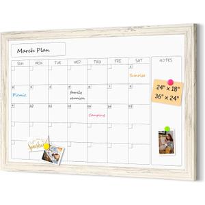 4 THOUGHT Whiteboard Calendar 36" x 24" Magnetic Dry Erase Board Wood Frame Wall-Mounted Monthly Planner White Board Decorative Notice Board for Office School Home, White Vintage