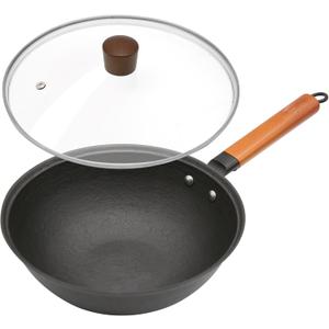 Nonstick Frying Wok Pan Hybrid, 11 Inch Preseasoned Deep Stir Fry Pan Skillet with Glass Lid, Traditional Chinese Cast Iron Wok, No Coated Saucepan for Induction, Electric, Gas, Grill Stoves