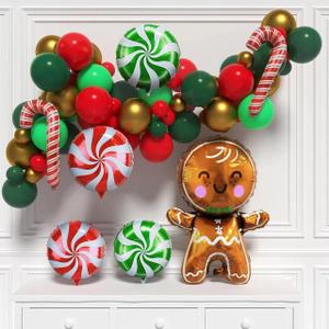 5 x Christmas Balloon Arch Kit with Gingerbread Man, Candy Cane, Peppermint Balloons - Red, Green, Gold Garland for Holiday Party Decorations