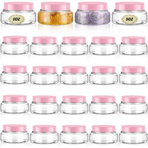 Tessco 24 Pack Plastic Jars with Lids Labels Empty Clear Plastic Jars Round Refillable Cosmetic Containers Body Butter Containers Bulk Sugar Scrub Bottle for Make Up(5 oz,Clear, Pink)