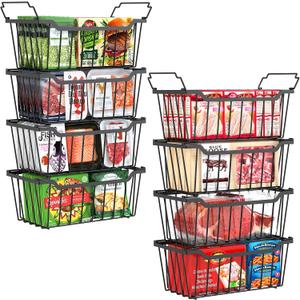 Freezer Organizer Bins, 8 Pack Stackable Chest Freezer Organizer for 5-7 Cu.FT Deep Freezer Sort Frozen Meats and Food, Freezer Storage Baskets with Handles Easy Reach from Bottom, Black