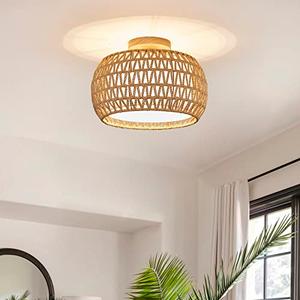 BUXVRCS Rattan Ceiling Light Fixtures,Hand-Woven Boho Flush Mount Light,Handmade Fixtures with Fabric Shade,Farmhouse Fixture for Bedroom Hallway Entryway (Yellow)