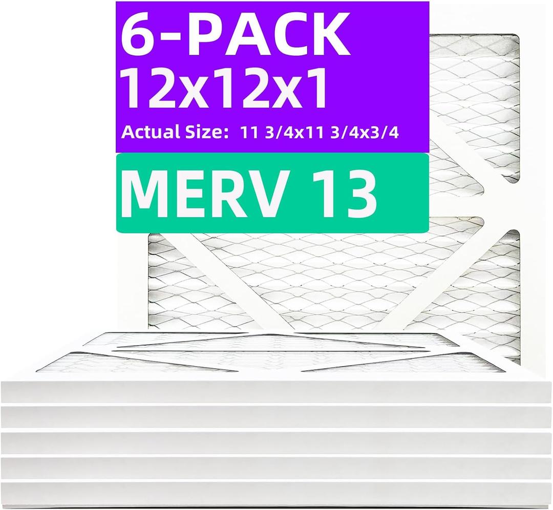 12x12x1 MERV 13 (6-Pack) Pleated Air Filter (Actual Size: 11.75" x 11.75" x 0.75") MPR 1900 & FPR 10, Furnace Air Filters, 12x12x1 air filter