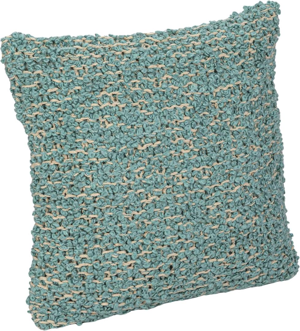 Creative Co-Op, Blue Woven Cotton Blend Boucl Pillow, Cream, Square