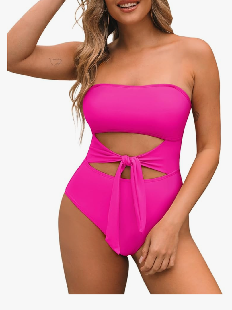 Pink Queen Women Bandeau One Piece Swimsuit Removable Strap Cutout Tie High Waist Bathing Suit Monokini, size L