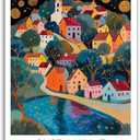 Vjfkskuey Fantasy Style Night Village Print Magic Sky And Moon Canvas Art Print Vintage River Village Poster Suitable For Living Room Bedroom Apartment Leisure Space (12X16In Frameless, A20)